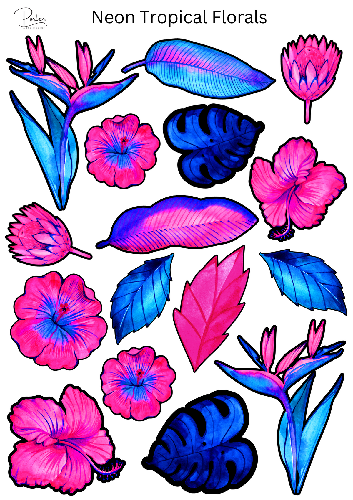 *PRINTABLE* Neon Tropical Florals Sticker – Porter Arts Design